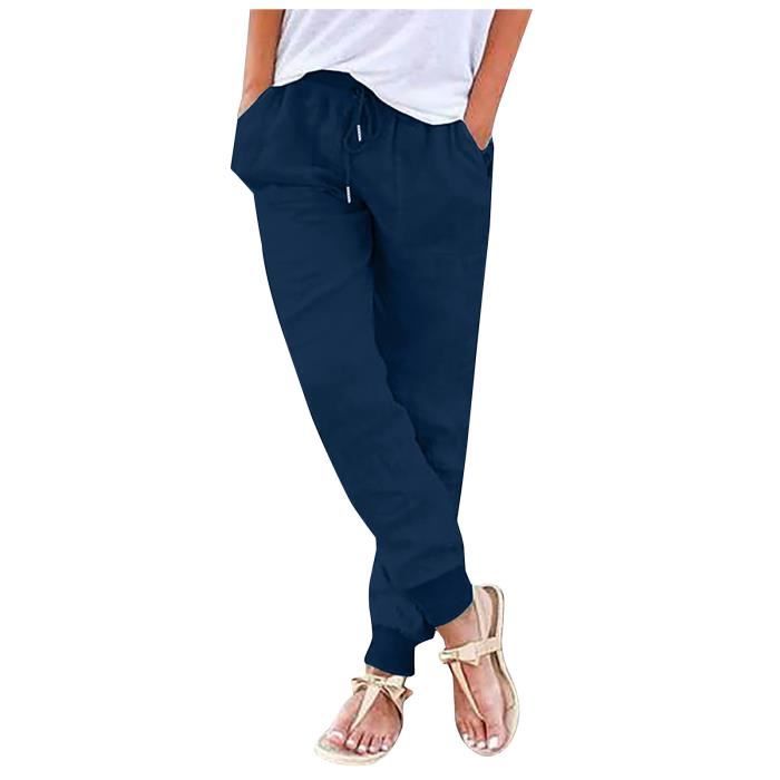 Pantalon femme Sasaquoy Pantalon decontracte a taille elastique avec cordon de serrage couleur unie en coton et en lin Bleu Bleu Cdiscount Pret a Porter