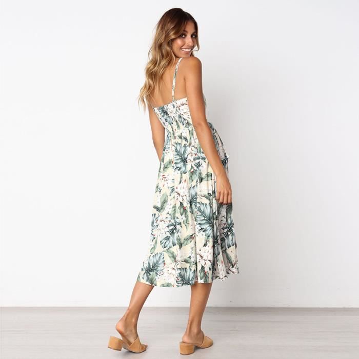 Femmes Robe d ete mi Longue a Bretelles Boheme Floral Bouton Robe Plage sans Manches Dos Nu Col V Casual Simple Elegante Chic Blanc Cdiscount Pret a Porter