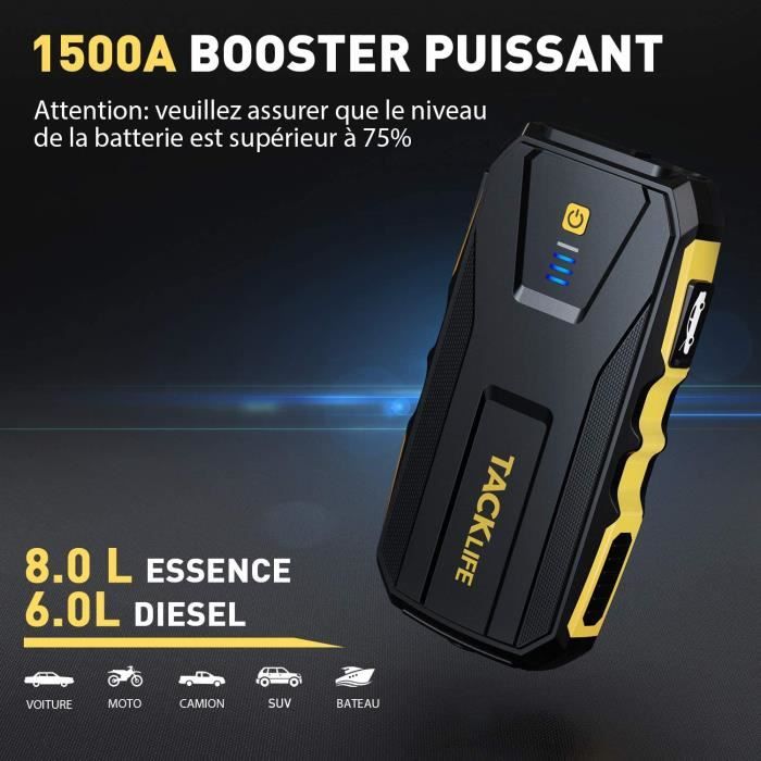 Booster Batterie Voiture 1500A IP65 TACKLIFE, Jusqu'à 8.0L Essence et 6.0L  Diesel, Charge Rapide 3.0, Lampe de Poche LED - KP150 - Cdiscount Auto