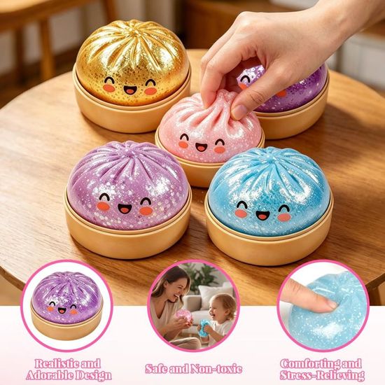 Lot De 12 Squishy Dumplings – 5,3 Cm – Souples, Scintillantes – Avec Mini Cuiseur Vapeur – Anti-stress – Dès 3 Ans