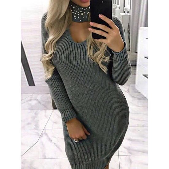Minetom Femme Elegant Robe Pull Tricote Col V Manche Longue Dress Sexy Choker Perle Oversize Chandail Long Printemps Hiver B gris Cdiscount Pret a Porter