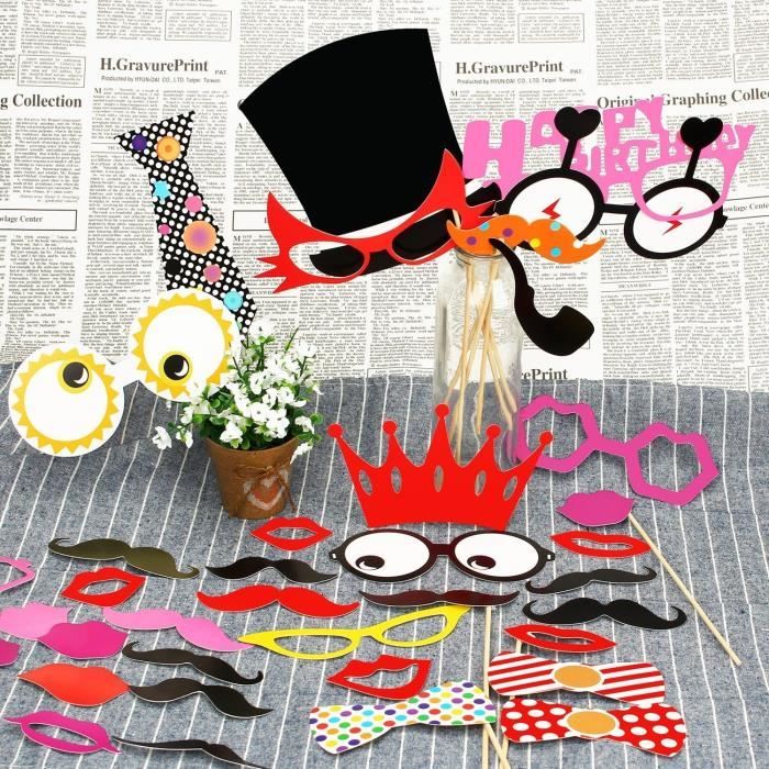 31 Accessoires Photomaton 30 Ans - Chapeaux, Lunettes, Cravates En Papier Or Et Noir Pour Anniversaire