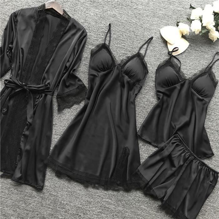 Ensemble de Robe de Chambre et Nuisette et Caraco avec Shorty Pour Femme en dentelle de soie Noir Noir Cdiscount Pret a Porter