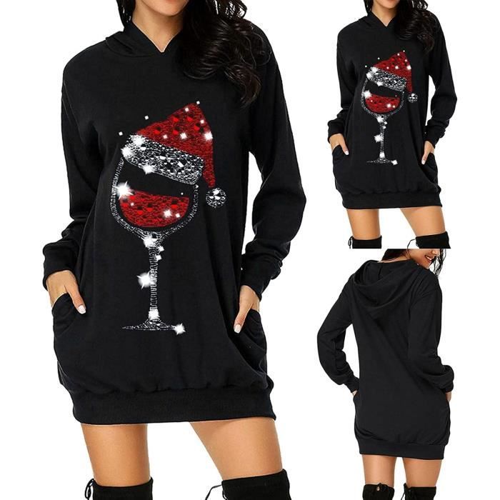 Robe Noel Femme Hiver Sweat A Capuche Mignon Imprimer De Noel Robe Pull Manche Longue Casual Sweatshirt Long Hoodie Poche Pullover