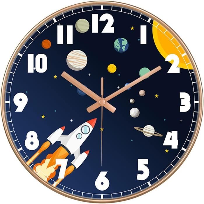 Horloge Murale Enfant Thème Espace - Bois, 23 Cm - Astronaute, Fusée - Pile AA