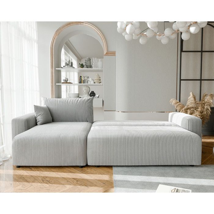 Canapé D'angle Convertible Lit - Tissu Gris Clair - Modèle ARON - Occasion