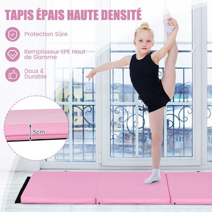 Tapis D'exercice Pliable FITNESS MANIAC – Trois Volets, Mousse Haute Densité, Rose, Avec Poignées