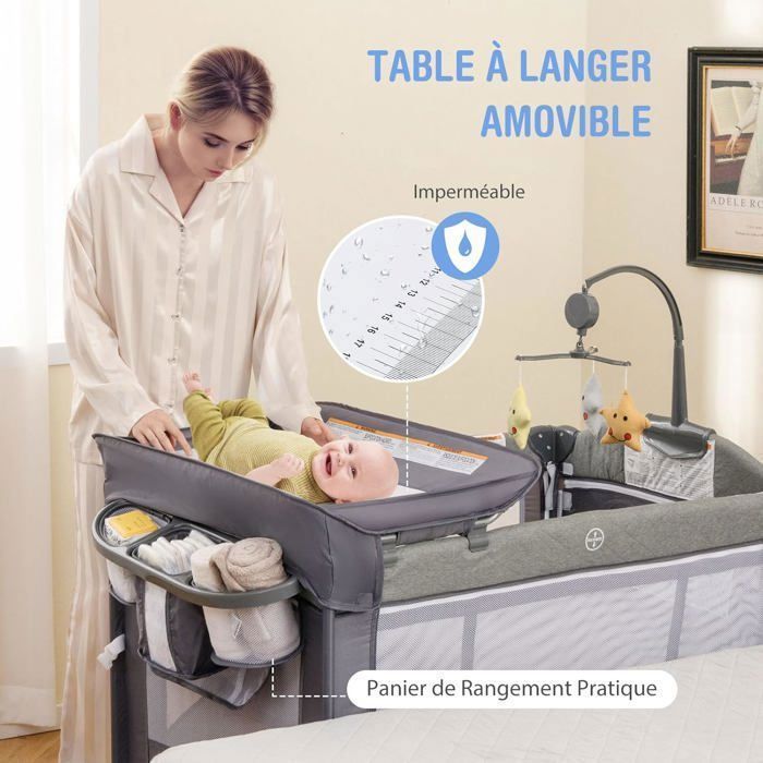 GOPLUS Berceau pour Bébé 3 en 1, Lit pour Cododo Portable avec Mode Berceau, Matelas Amovible, Hauteur Réglable, Poches de Rangement et Roues Verrouillables, Lit de Voyage pour Nouveau-né (Gris