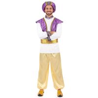 Déguisement sultan homme - Tissu satiné - Blanc et doré - Haut avec gilet, pantalon, ceinture et chapeau