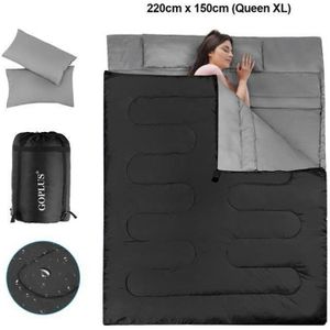 SAC DE COUCHAGE COSTWAY Double Sac de Couchage 2 Personnes 220 x 150CM avec 2 Oreillers et Sac de Transport Imperméable pour Camping Randonnée Noir