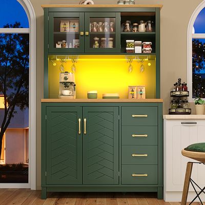 Armoires Cuisine avec LED, Buffet Haut avec Chariot Roulant, Meuble Buffet Cuisine avec étagère en Verre à Vin et Casier à Vin, Noir - Maison