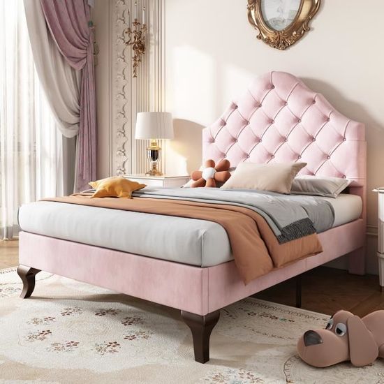 Lit Fille 90x200 Cm Avec Tête De Lit Couronne LED - Rembourré Velours, Sommier à Lattes - Lit Princesse Réglable Pour Adolescente - Rose