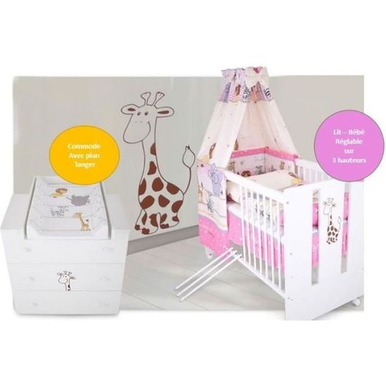 BB Berceau bebe lit bébé 120 x 60 cm +Set de lit+ Commode à langer Girafe rose 