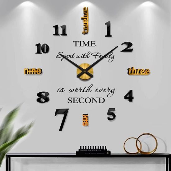 Grande Horloge Murale 3D Vangold Design Moderne - Pendule Géante Pour Salon, Chambre Ou Bureau (Noir Or)