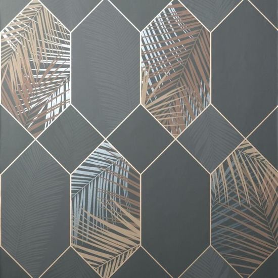 Miami Geometric Leaf Wallpaper Charbon - Cuivre - Métallique - Fine Decor FD42833