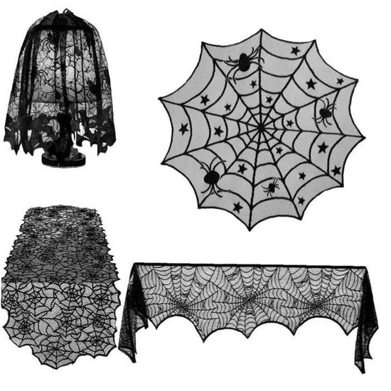 4PCS Halloween Runner dentelle noire Nappe ronde araignée Cobweb Table couverture Cheminée
