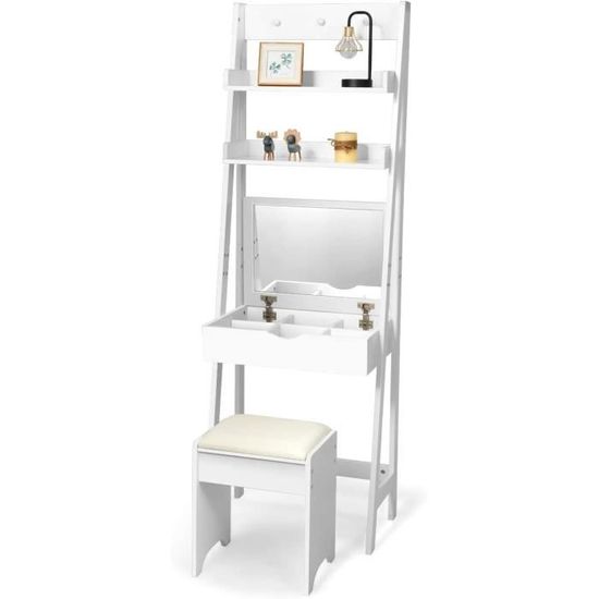 Coiffeuse, table de maquillage avec 5 tiroirs 1 miroir carré pivotant à 360° et 1 tabouret,pieds stableen bois blanche Coiffeuse, table de maquillage avec 5 tiroirs 1 miroir carré pivotant à 360° et 1 tabouret,pieds stableen bois blanche