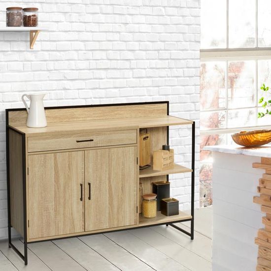 Buffet Bas De Cuisine VITO 120 Cm Blanc Et Bois - 1 Porte + 3 Tiroirs, Plan De Travail à 83 Cm - Rangement Optimisé, à Monter Soi-même