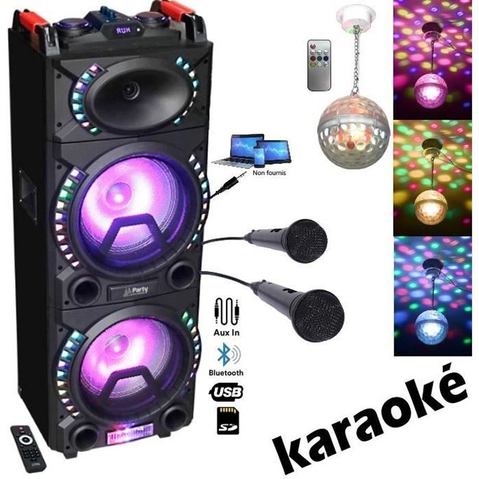 KARAOKE ENCEINTE SONO PARTY-STUP210 Bluetooth Usb MP3 + 2 Micros + Câble PC + ASTRO BALL8 PA dj mix soirée anniversaire mariage