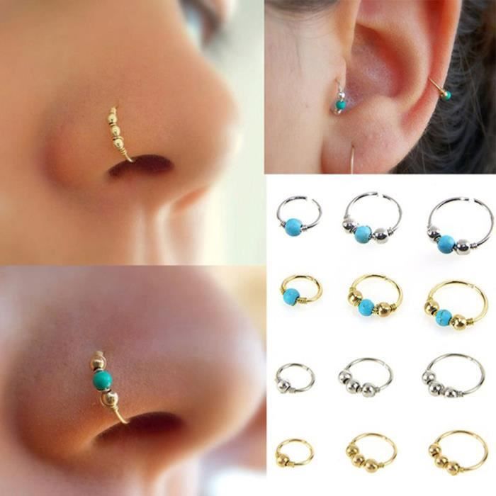 1xStainless en acier nez anneau turquoise nez Hoop boucle d'oreille piercing bijoux or-YCH70721594B_1234