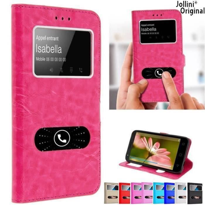 Pour Wiko View 2 Go - Haute Qualité Housse Etui Rose-Décrochage rapide Avec double Fenêtres-Intérieur silicone Gel. JOLLINI®