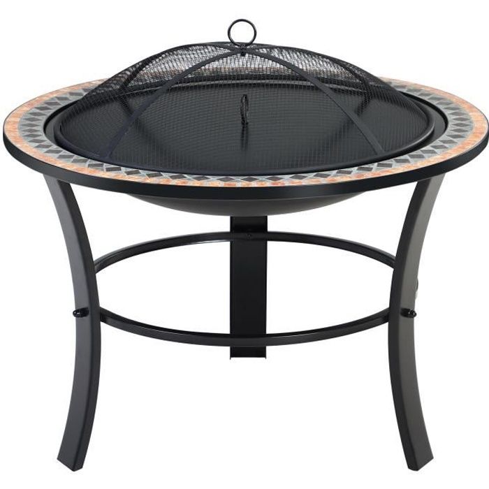 Brasero rond Sevilla Ø 76 cm acier laqué pierres mosaïque accessoires couvercle jardin terrasse feu bois charbon briquette barbecue