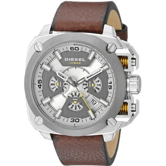 Diesel Montre D'Homme DZ7343 Cadran Beige Chronographe Bracelet Cuir Marron