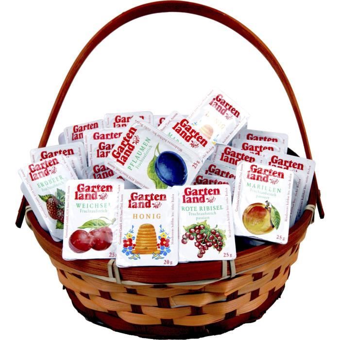 Corbeille petit déjeuner remplie de miel et de confiture, 30 pièces