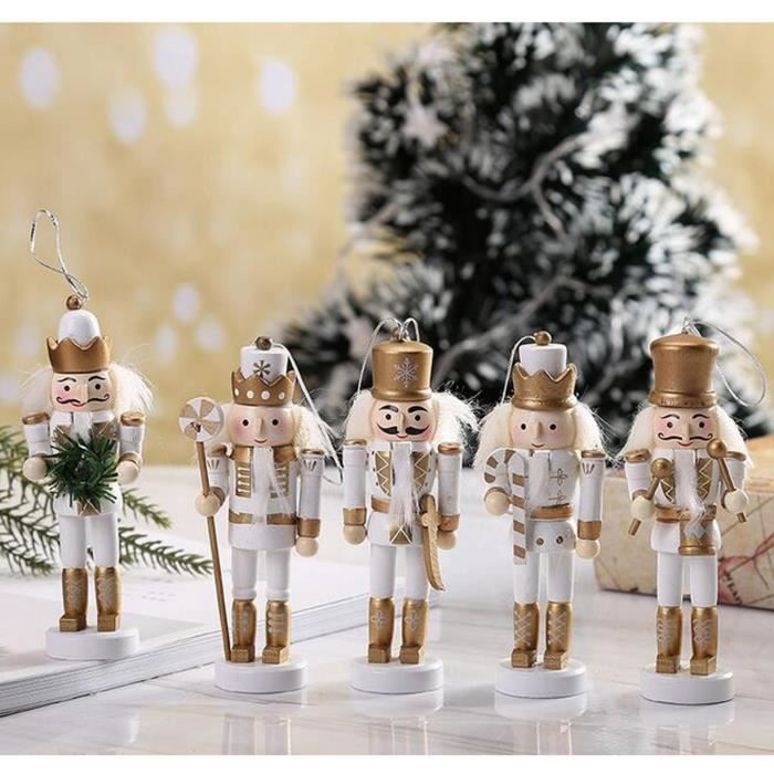 5 Pièces Casse-noisettes Suspendus Ornement Figurines Noël Mini Soldat En Bois Casse-noisette Bien Peint Marionnette Or blanc