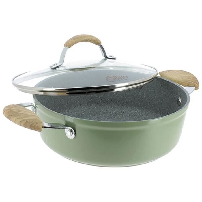 OGO LIVING 7930189 Faitout 28 cm - Couvercle en Alu forgé - Forme basse - poignée bakelite - Olive