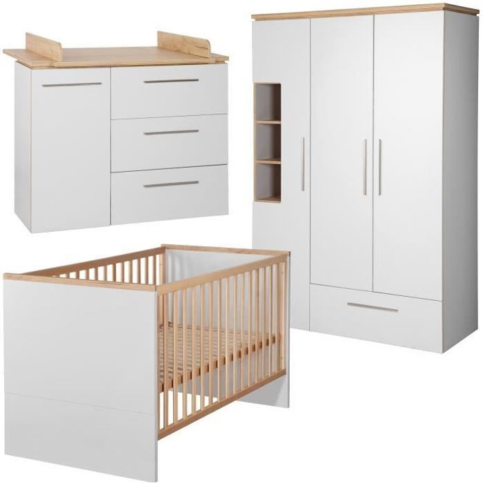 ROBA Ensemble de meubles bébé -Tobi-, lit bébé 70x140 cm, commode á langer, et amoire 3 portes, girs clair-chêne doré