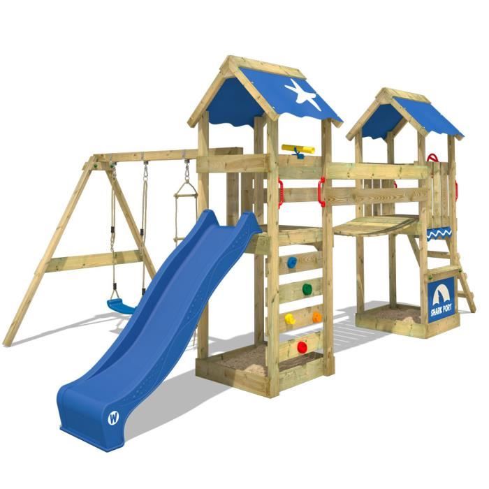 Aire de jeux WICKEY SunFlyer Portique en bois Tour d´escalade avec pont suspendu, deux toitures et balançoire