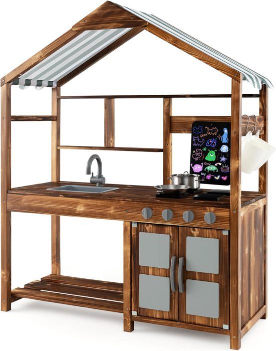 GOPLUS Cuisine Enfant Extérieure en Bois avec Toit Tableau Noir Poêles Évier Amovible Accessoires Riches 100x42x126CM Naturel