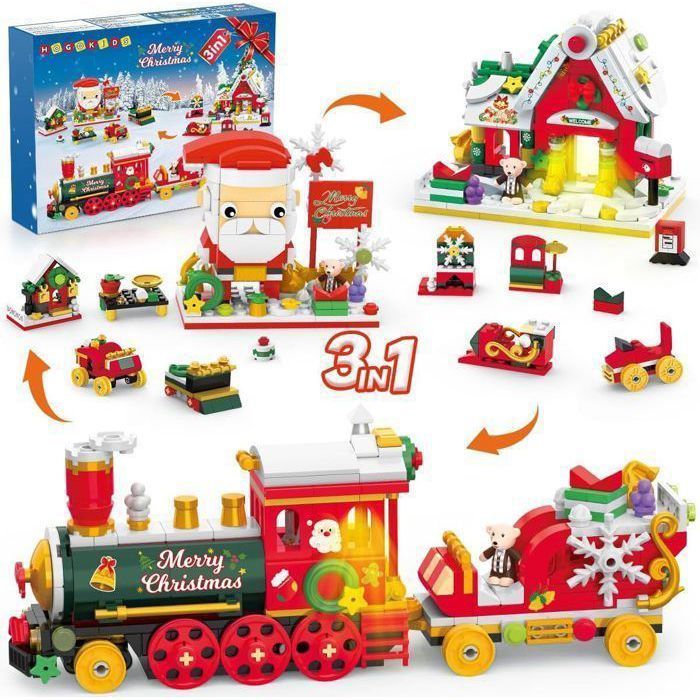 HOGOKIDS Jeu de Construction Noël 3-en-1 403 Pièces avec LED Père Noël Train et Cabane Jouet Enfant 6-11 Ans