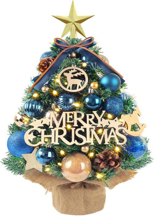 Mini Sapin De Noël Artificiel Avec Guirlande Lumineuse - 45 Cm - Déco Bureau Ou Table - Kit Décorations Inclus - Bleu