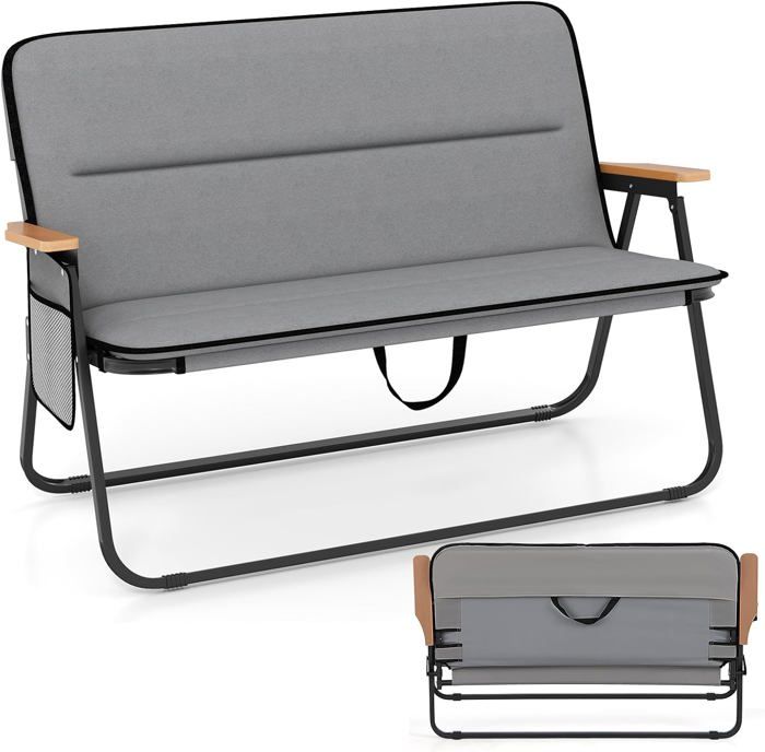 COSTWAY Chaise de Jardin Pliante 2 Personnes Coussin Amovible Poche Latérale Accoudoirs Charge 300 KG Causeuse Pliable Gris COSTWAY Chaise de Jardin Pliante 2 Personnes Coussin Amovible Poche Latérale Accoudoirs Charge 300 KG Causeuse Pliable Gris