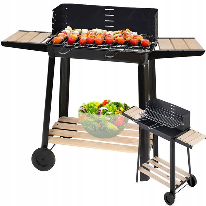 GrillMaster Barbecue Au Charbon EmaBend GM3000 + Souffleur - Avec Roulettes Et Étagères Bois
