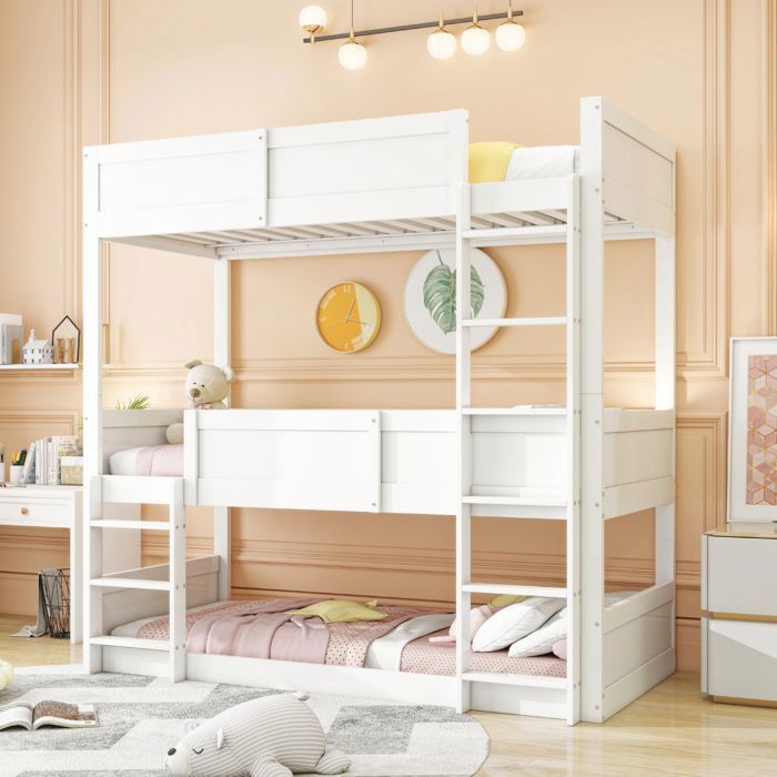 Lit superposé triple 90 x 200 cm Lit enfant Structure en bois avec lattes en bois massif Se transforme en deux lits simples - Blanc
