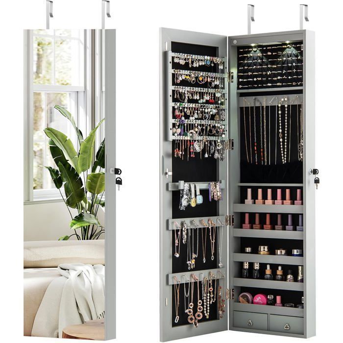 Armoire à Bijoux Mural avec Miroir et Lumière LED COSTWAY Rangement de Bijoux Accrochée à la Porte 120 x 36 x 10 CM Gris Clair Armoire à Bijoux Mural avec Miroir et Lumière LED COSTWAY Rangement de Bijoux Accrochée à la Porte 120 x 36 x 10 CM Gris Clair