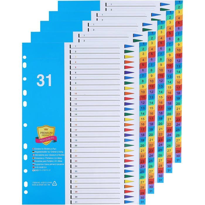 12 Positions Intercalaires Classeur A4 X5 Sets - 12 Onglets Colorés - Perforation 11 Trous - 150g/m² - Bureau école Classeur Souple A4