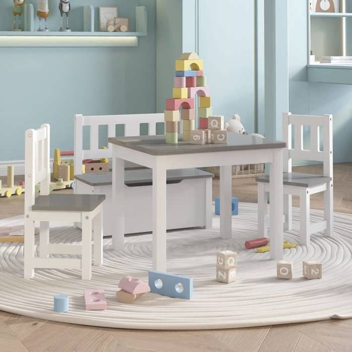 Ensemble Table et Chaises Enfants - vidaXL - Blanc et Gris - MDF - 4 Pièces