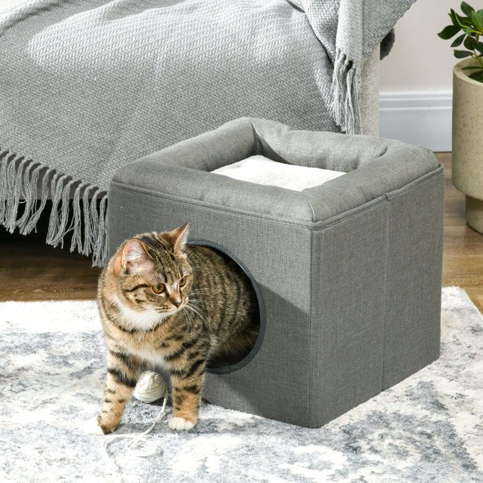 Maison pour chat niche pour chat 2 niveaux avec coussin moelleux en peluche - 365 x 365 x 33 cm gris