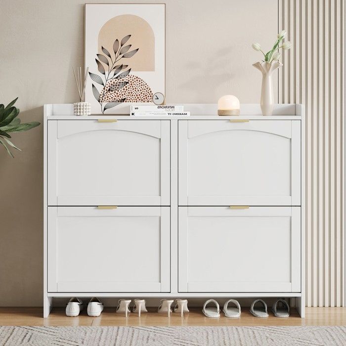 Meuble à chaussures blanc 4 compartiments moderne L110xP24xH90 cm pour entrée couloir rangement Meuble à chaussures blanc 4 compartiments moderne L110xP24xH90 cm pour entrée couloir rangement