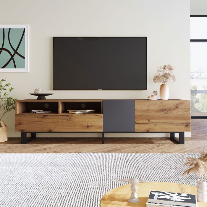Meuble TV 180×50×38 cm en MDF avec rangements et pieds métal noirs – style minimaliste