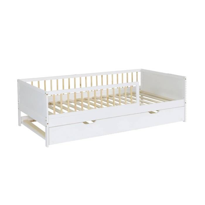 Lit gigogne enfant 90 x 190 cm pin naturel avec sommier à lattes et tiroir blanc - Elio