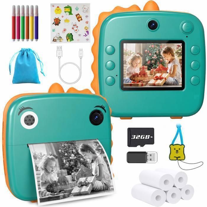 Appareil Photo Enfant Impression Instantanée 1080P Écran 2 5 Carte 32 Go Jeux & Musique Jouet Fille Garçon 3-8 Ans Vert