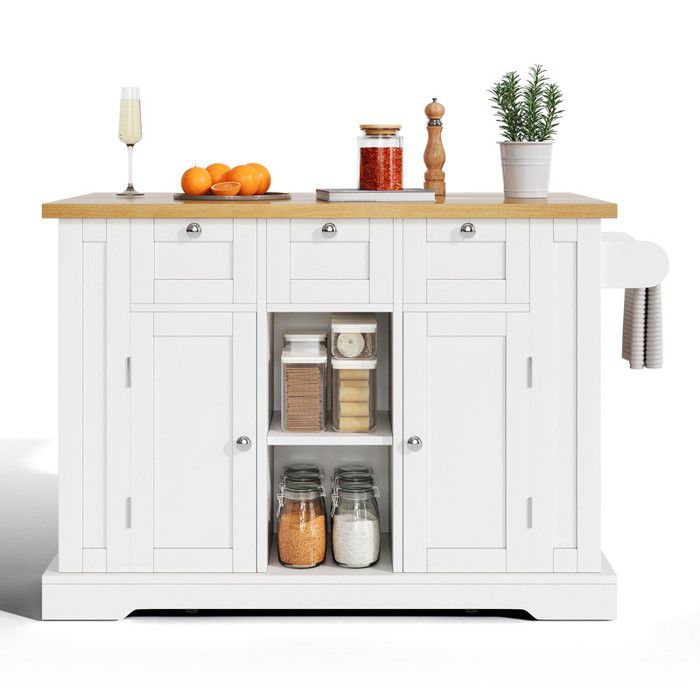 Table de cuisine mobile de 132 cm comptoir pliant armoire multifonction tiroir étagère à épices prise de courant intégrée -blanc