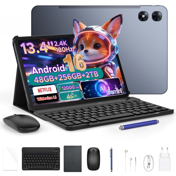 POCKAM P13 Pro Tablette Tactile Android 16 Tablette avec Clavier Gemini AI 13.4 Pouces 120Hz 2.4K-48GB RAM+256GB ROM 12000mAh - Gris