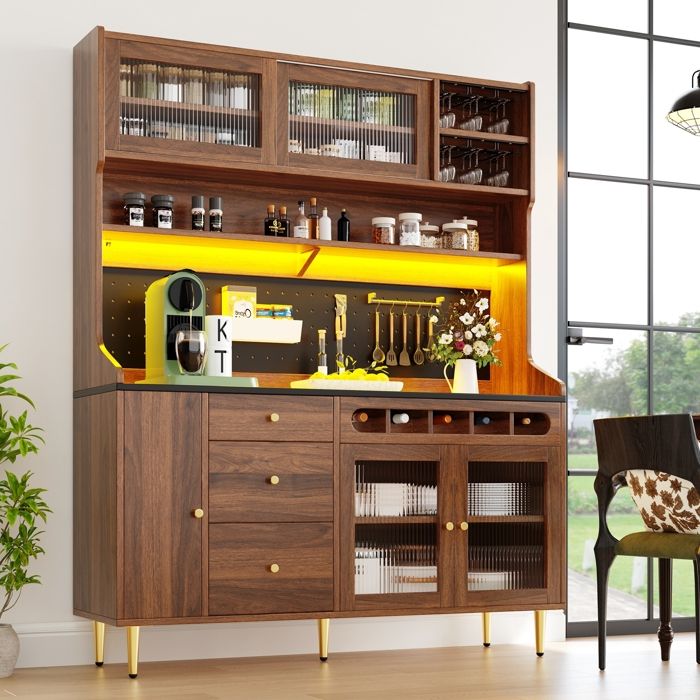Armoire de cuisine - buffet -avec étagères réglables - avec éclairage LED - pour le salon- salle à manger - 145×39×171cm -marron