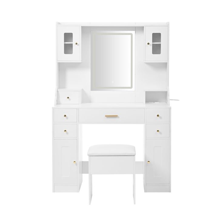 Coiffeuse avec Miroir LED à Luminosité Réglable 6 Tiroirs et 4 Porteset 105x40x152 cm Blanc(Sans tabouret)